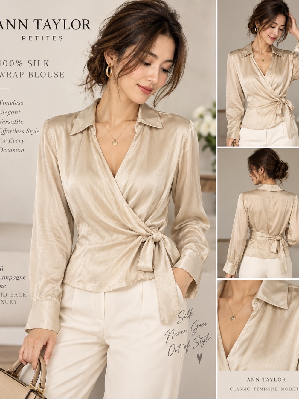 Ann Taylor 100% Silk Champagne Wrap Blouse Top 4P